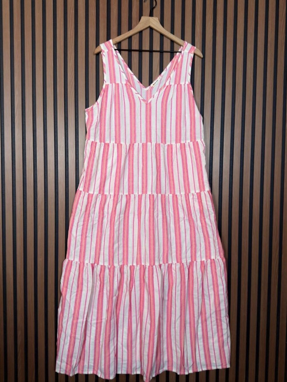 Marine Layer Maxi Dress XL Corinne Pink Striped Woven Tiered Sleeveless Pockets